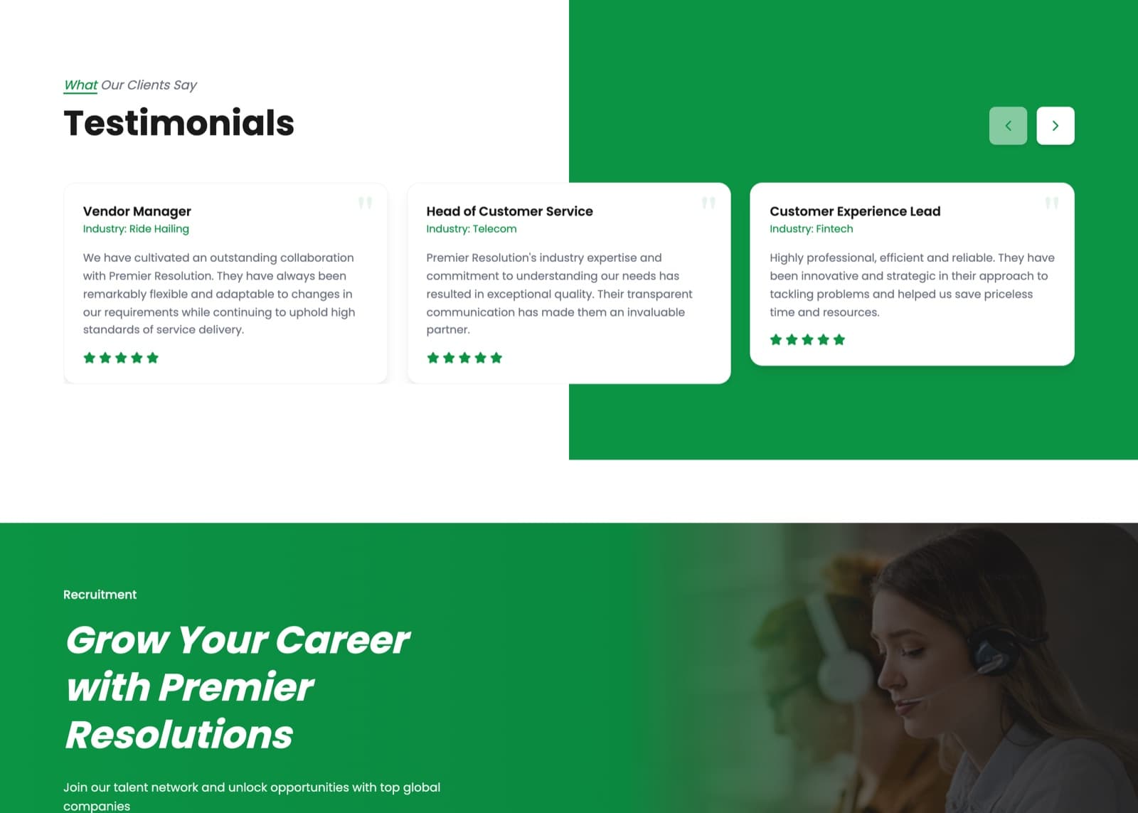 Testimonials & careers — client social proof above the talent-network call to action