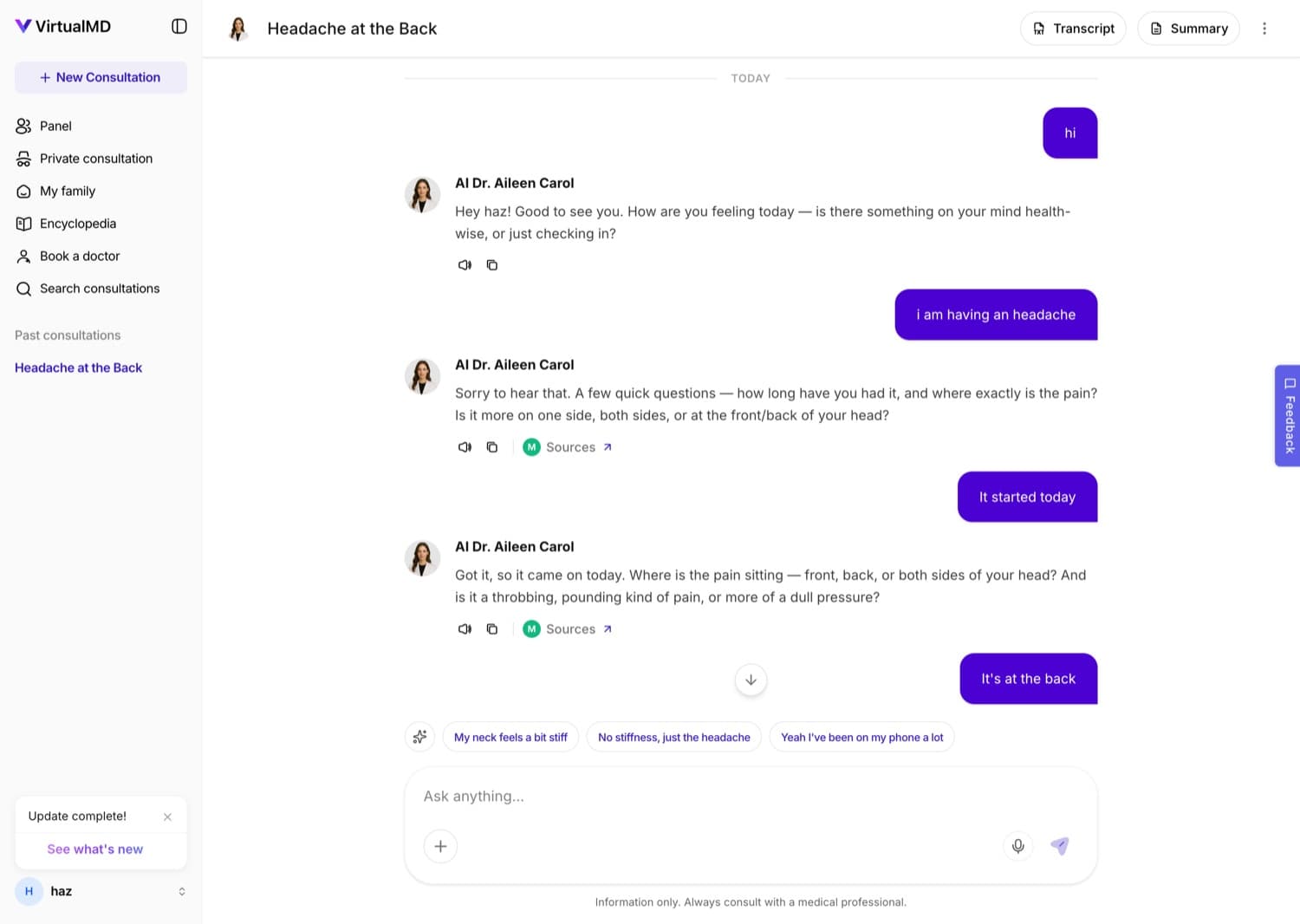 Live AI consultation — streamed answers with cited sources and suggested follow-ups