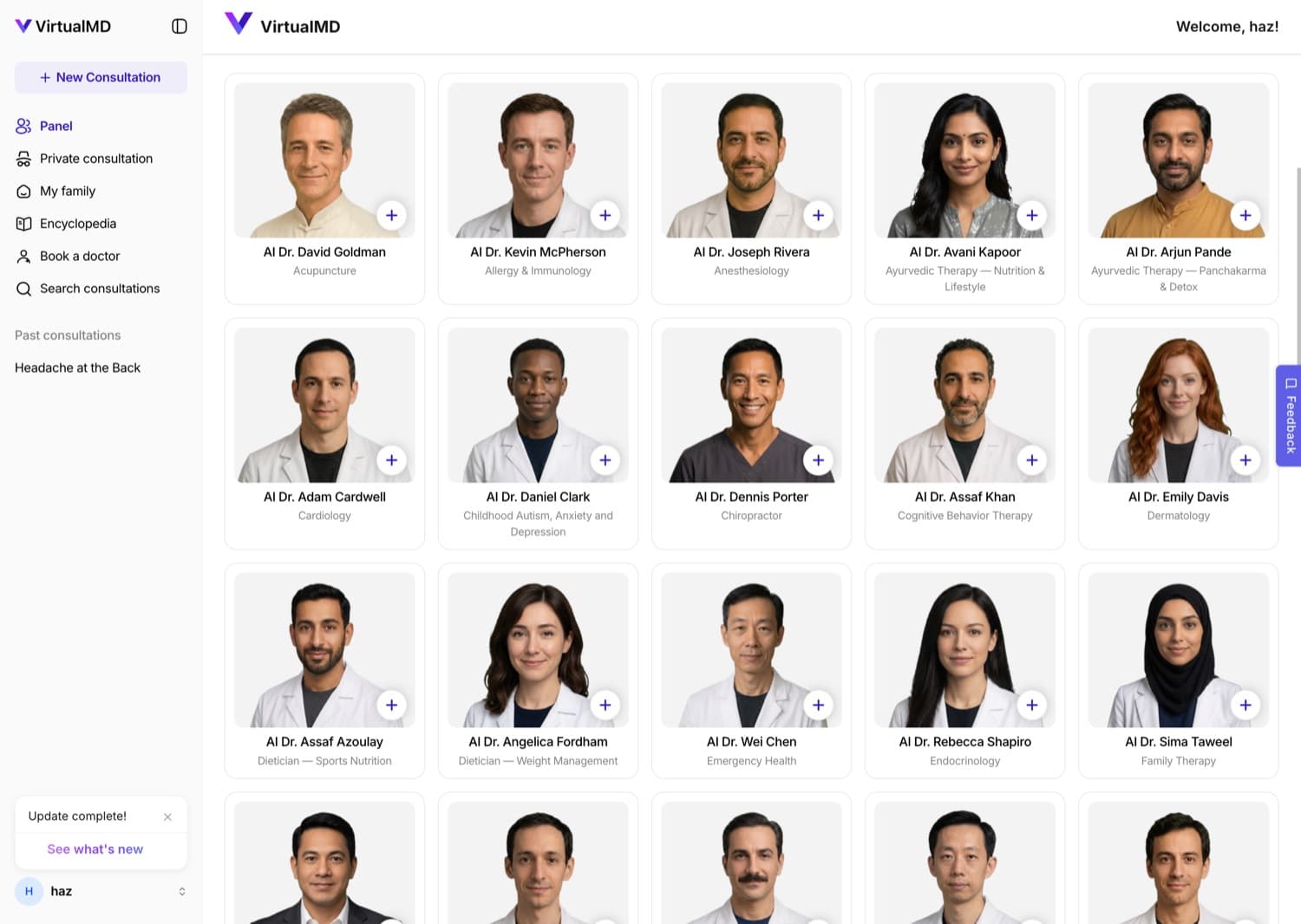 The panel — 70+ AI specialist doctors to choose from