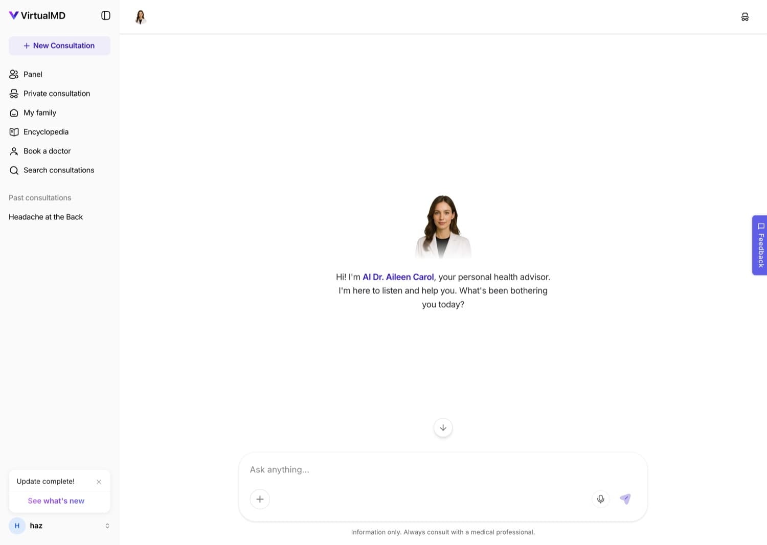 Starting a consultation with a personal AI health advisor