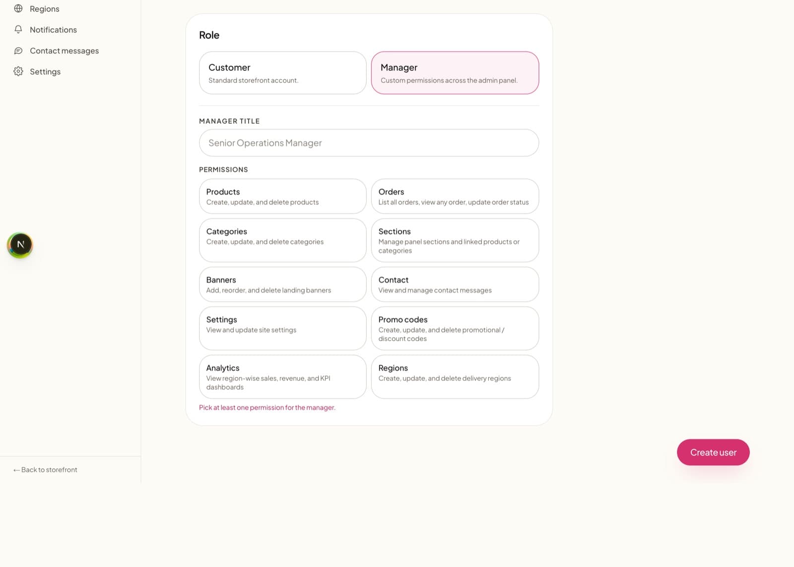 Manager RBAC — admins grant scoped access across 10 permission areas (products, orders, promos, analytics…)