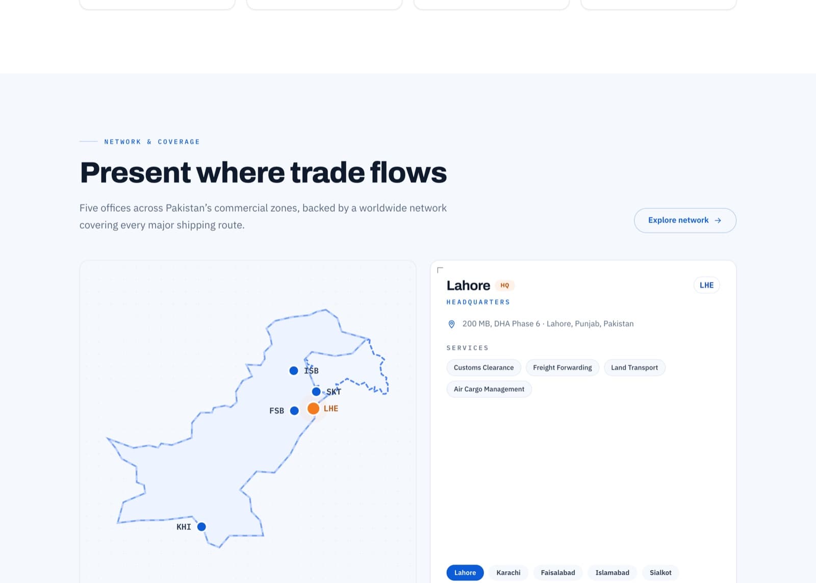 “Present where trade flows” — an interactive map of five offices across Pakistan's trade corridors